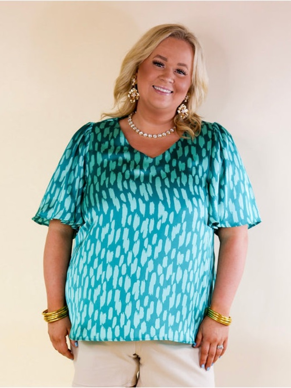 Emily Wonder Satin Dotted Print V-neck Blouse in Teal Mix 1X